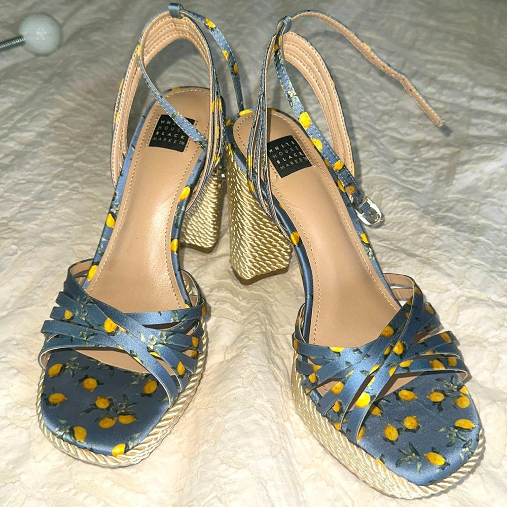 WHBM Blue Satin Lemonade Drop Braided platforms sandal heels. 6.5